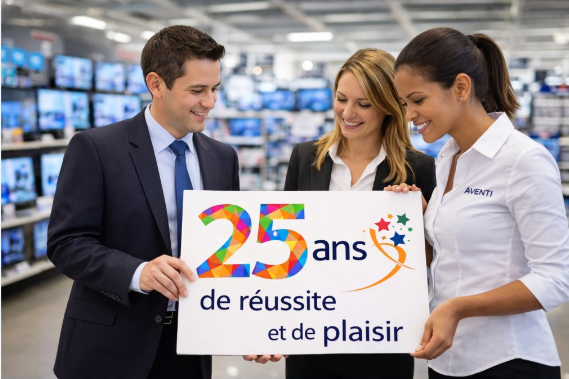 Équipe AVENTI en magasin célébrant 25 ans de réussite