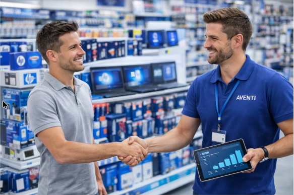 Conseiller Aventi et client en magasin, poignée de main