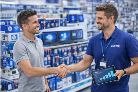 Consultant AVENTI en magasin présentant les indicateurs de performance sur tablette à un client